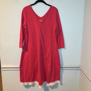 Soft Surrounding Pink & White laced Trim Long Sleeve V-Neck Dress Size Medium